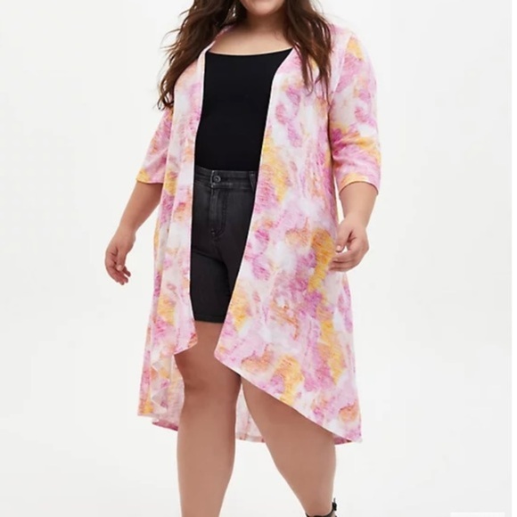 Torrid Multi Watercolor Pink, Orange Hacci Kimono 3/4 Sleve Size 0 (L/120) - Picture 2 of 11